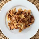 Plate of Greek spaghetti made like traditional spaghetti but with different spices making it a delicious new spin on spaghetti