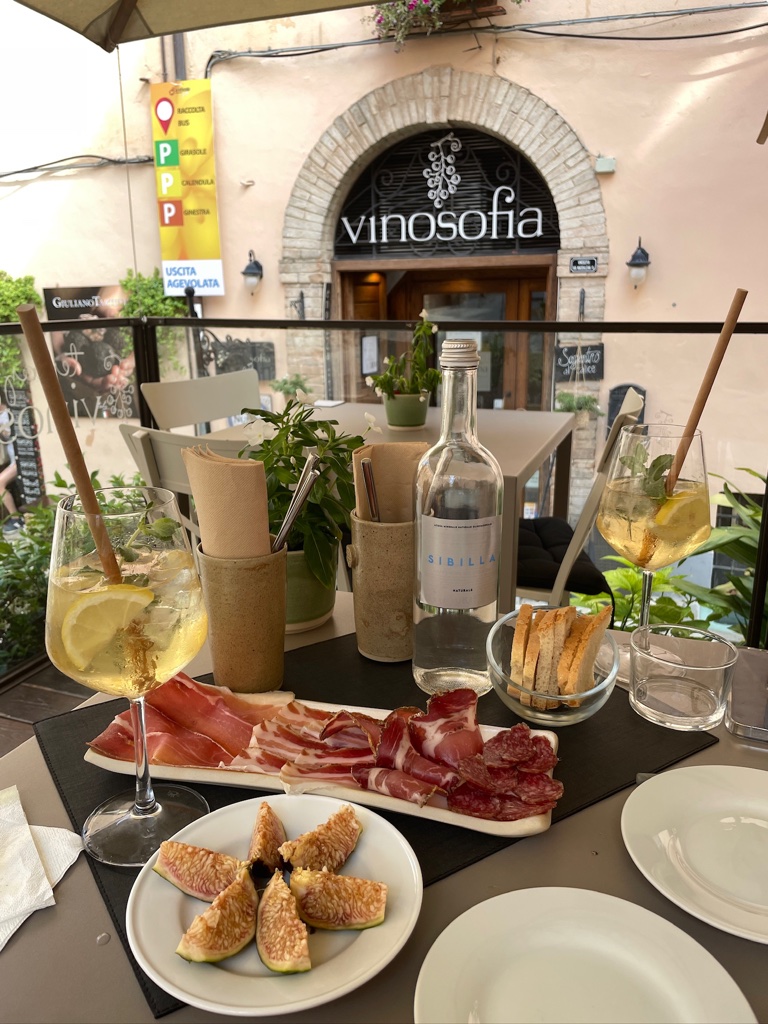 lunch with meat, figs, hugo spritz